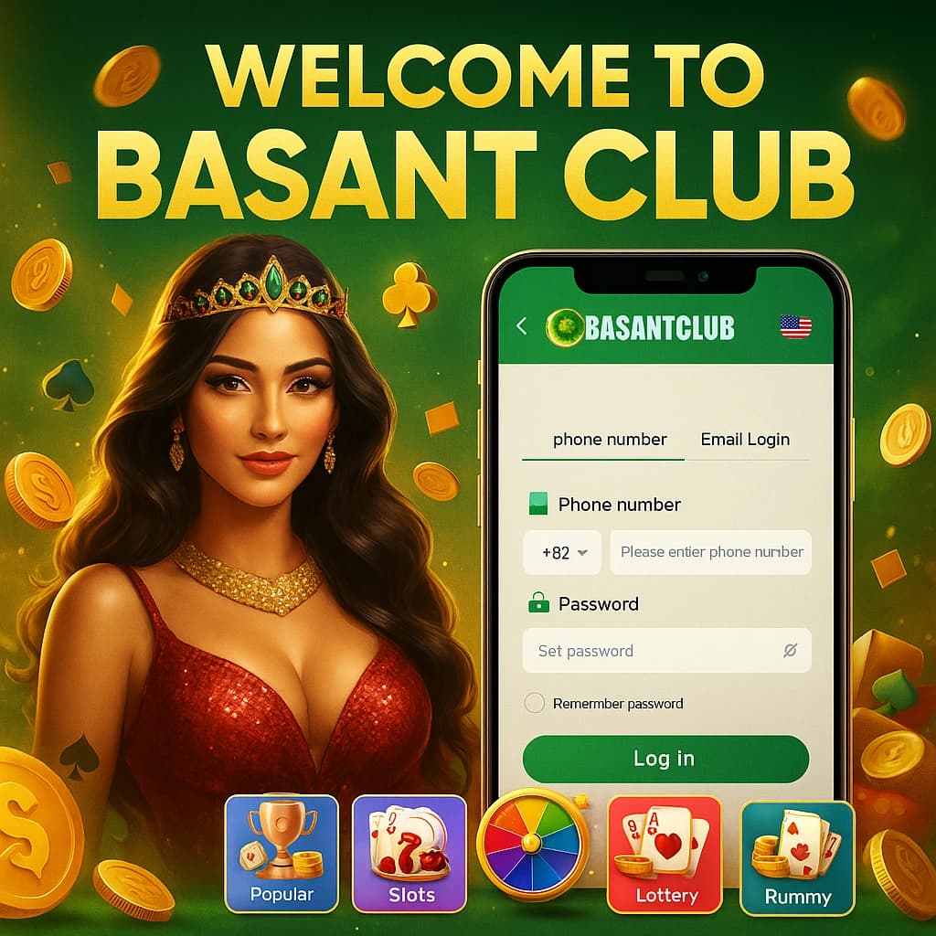 Basant Club App Features Section showing payment methods, game categories, and promotional banners for Pakistani users